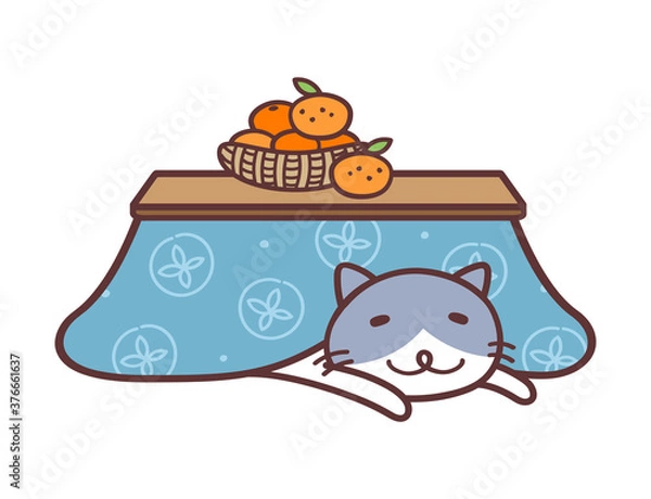Obraz こたつに入ってくつろいでいるネコのイラスト