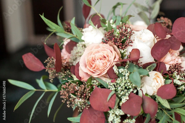 Obraz Wedding bouquet of flowers from white red rosebuds