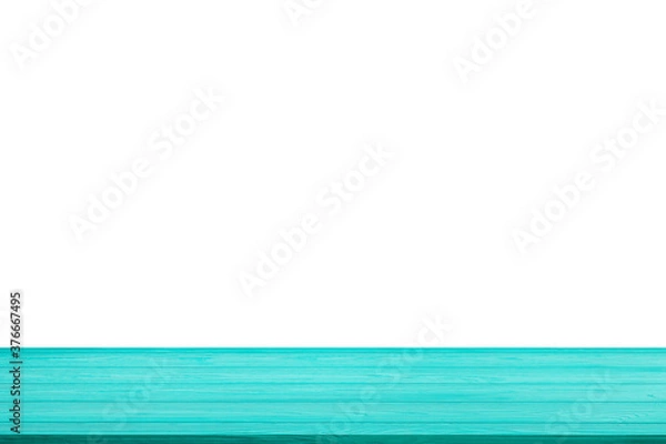 Fototapeta Side view of Blue empty wooden table top with white background.