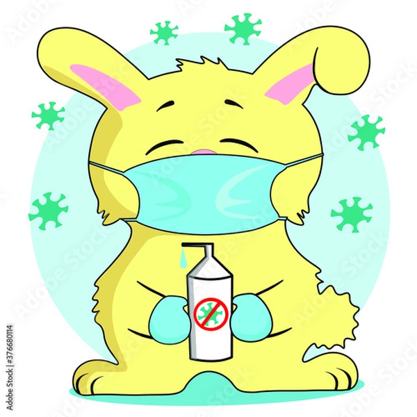 Obraz bunny wearing a safe mask holding a sanitizer 