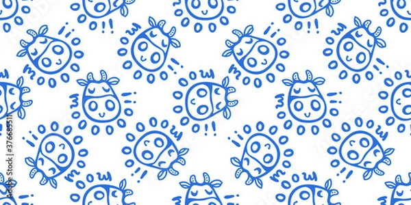 Fototapeta Vector blue and white smiling cow pattern with MOO lettering. Seamless design in line doodle style for textile prints, wrapping paper, milk packages etc.