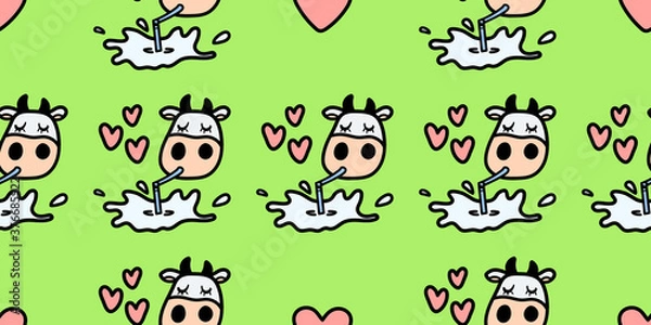 Fototapeta Vector pattern with cow drinking tasty milk. Seamless design in line doodle style for textile prints, funny wrapping paper, milk packages etc.
