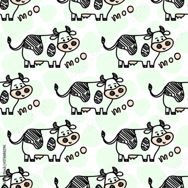 Fototapeta Vector smiling standing cow pattern on a spot background. Seamless cute design in sketch doodle or marker style, black outline. For textile prints, wrapping paper, milk packages etc.