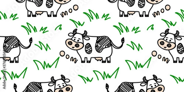 Fototapeta Vector smiling standing cow pattern with green grass. Seamless cute design in sketch doodle or marker style, outline. For textile prints, wrapping paper, packages etc.