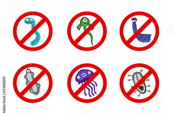 Fototapeta Stop spread virus symbol set. Cartoon germ characters prohobition vector illustration on white background. Cute fly bacteria infection danger character. Microbe viruses and diseases protection