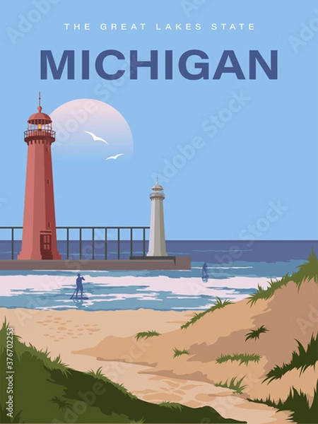 Obraz Michigan. The great lakes state. Touristic poster in vector