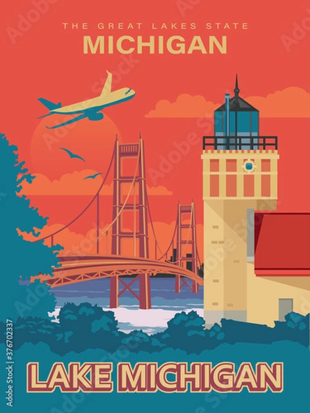 Obraz Michigan. The great lakes state. Touristic poster in vector