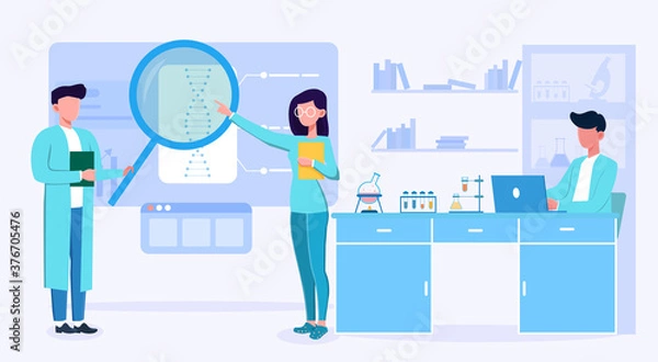 Fototapeta A couple of young scientists are looking at a DNA molecule under a magnifying glass in the lab while their colleague is working on a laptop. Flat vector illustration