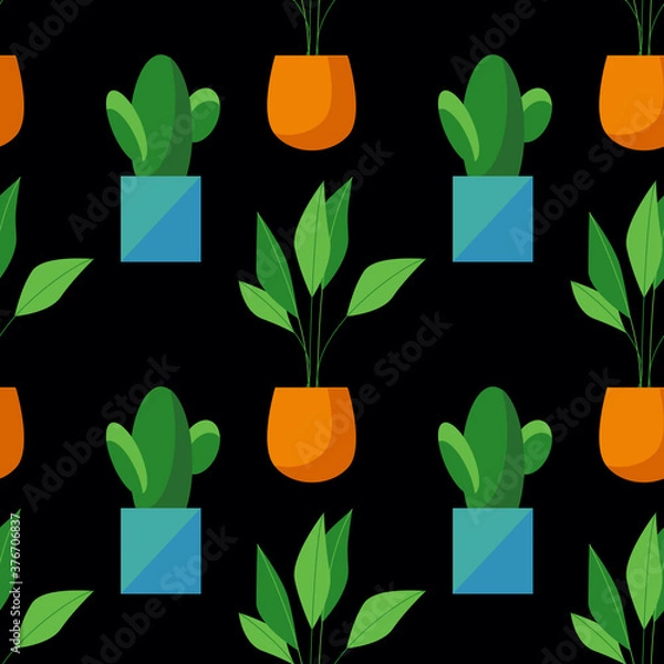 Fototapeta Seamless pattern of cactus and ficus in pots isolated on black background. Simple cartoon vector style. Flat design. House plant illustration