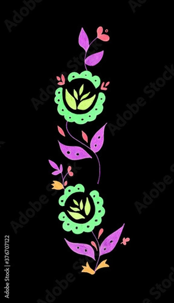 Fototapeta Decorative composition of abstract doodle flowers and leaves. Floral motif illustration. Design element. Hand drawn vertical ornament isolated on white background.