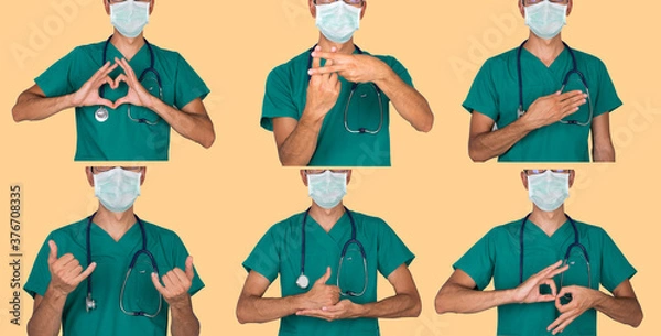 Obraz Doctor trying to express himself using sign language, background,