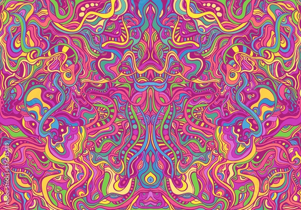 Fototapeta Symmetrycal motley hippie trippy psychedelic abstract pattern with many intricate wavy ornaments, bright neon multicolor color texture.