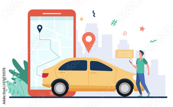 Obraz Man with map on smartphone renting car. Driver using car sharing app on phone and searching vehicle. Vector illustration for transport, transportation, urban traffic, location app concept.