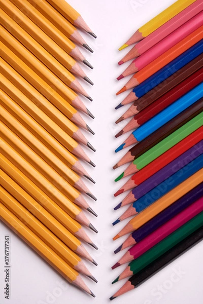 Obraz colored pencils and gray pencils on a white background