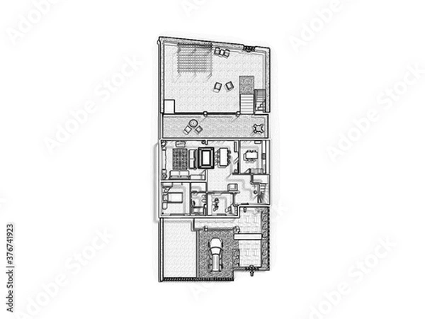 Fototapeta Sketch floor plan 3d illustration. Floor plan 3d with the furniture. Floor Plan. Apartment Blueprint with Construction Elements. House Project.