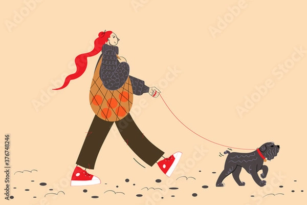 Fototapeta The girl walks the dog. Shopping walk. Vector. Flat style.