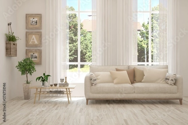 Fototapeta White living room with sofa and summer landscape in window. Scandinavian interior design. 3D illustration