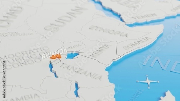 Fototapeta Rwanda highlighted on a white simplified 3D world map. Digital 3D render.