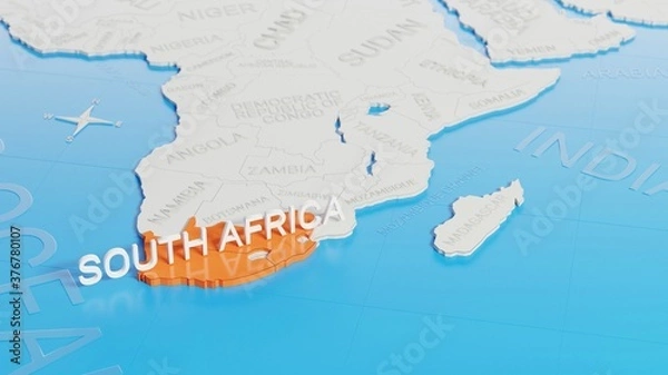 Fototapeta South Africa highlighted on a white simplified 3D world map. Digital 3D render.