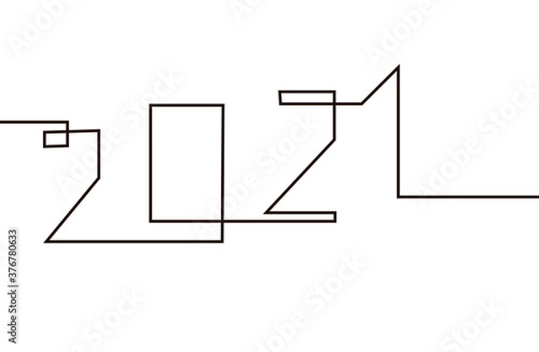 Fototapeta Happy new year 2021 template. The numbers are drawn in black in one line. Design for banner, greeting card, brochure or print. Isolated over white background.