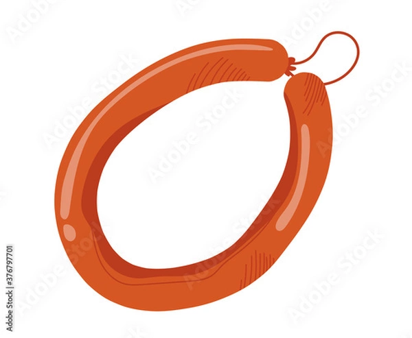 Fototapeta Meat sausage with label, delicious grilled food, fresh pork sausages, design cartoon style vector illustration, isolated on white. Food preparation, object close-up, foodstuffs, rugged red packaging.