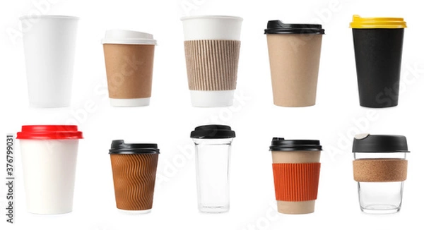 Fototapeta Set of different coffee cups on white background. Banner design