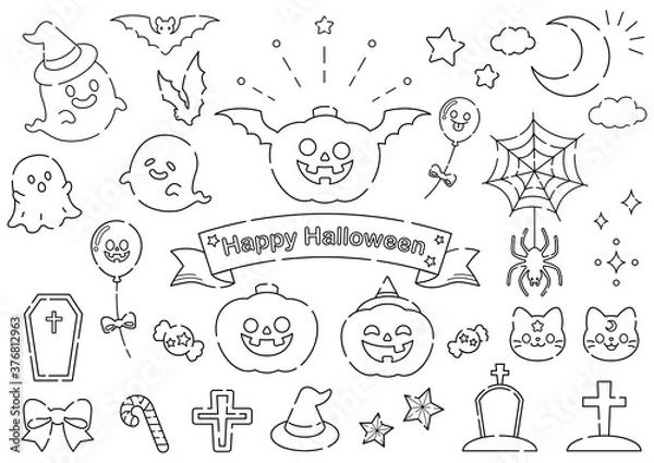 Obraz ハロウィン 線画の可愛い素材集 モノクロ モノトーン 線画