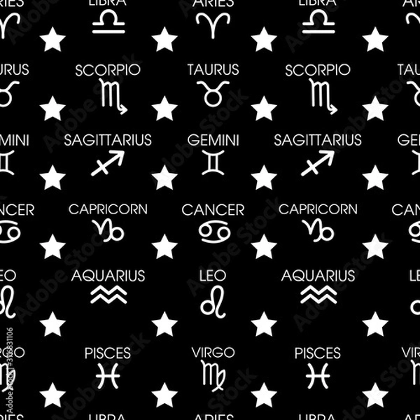 Fototapeta Vector white astronomy zodiac signs with text seamless pattern background on black surface