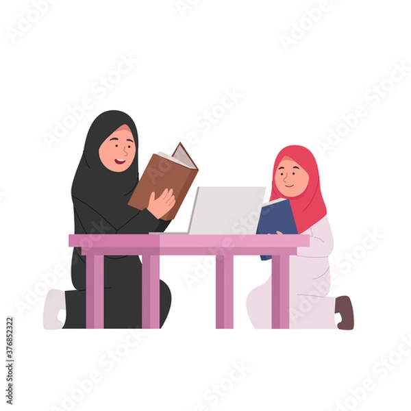 Obraz Home Studying Arabian Mother Teach Daughter Flat Cartoon