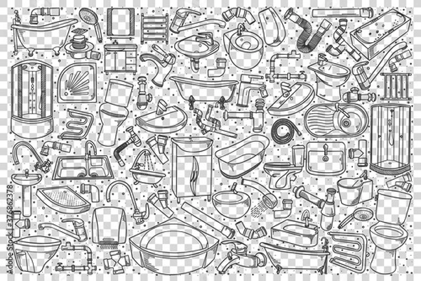 Fototapeta Plumbing fixtures doodle set. Collection of hand drawn sketches templates patterns of house tools bathroom objects toilet shower sink on transparent background. Domestic life illustration.