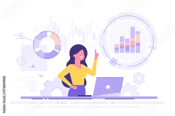 Fototapeta Cute businesswoman analyzing data on his laptop and holding up her index finger. Data science concept. Business charts and diagrams. Modern vector illustration.