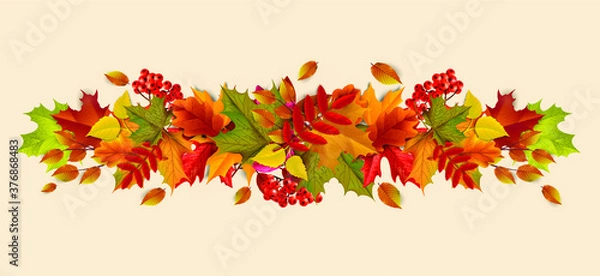 Fototapeta Greetings and gifts for the autumn and autumn season concept. Autumn background, poster and banner template with colorful autumn leaves.