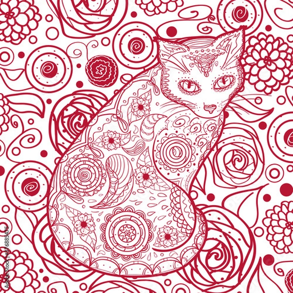 Obraz Square pattern with ornate cat. Hand drawn animal with abstract patterns