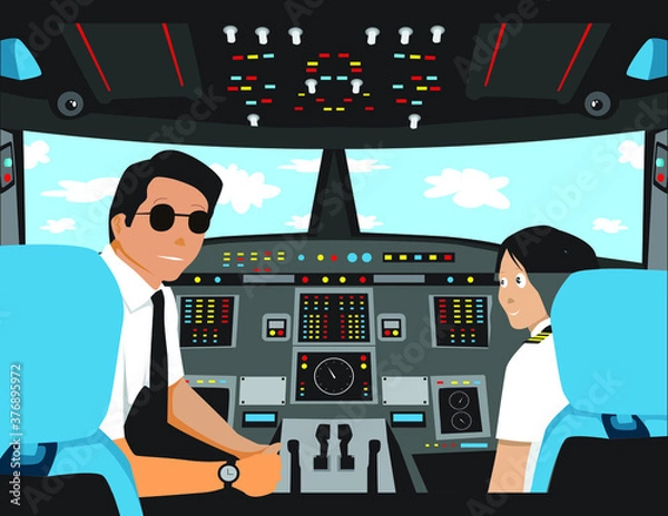 Fototapeta Airplane Pilot in Cockpit with Co-pilot. 