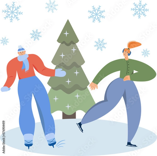 Fototapeta Vector illustration of a man and women skating on the ice rink near the Christmas tree.