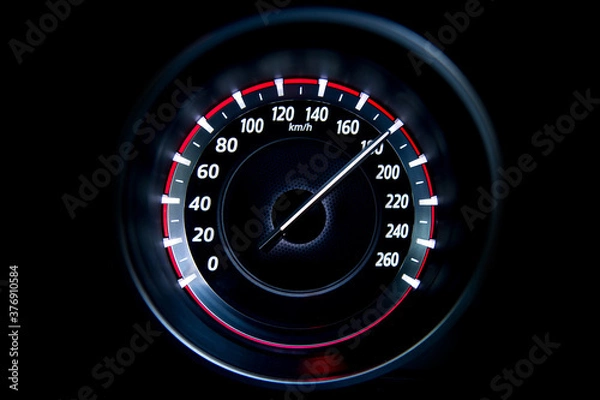 Obraz 180 Kilometers per hour,light with car mileage with black background,number of speed,Odometer of car.