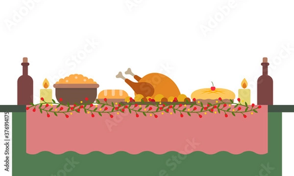 Fototapeta Illustration of a big banquet table with drinks and foods. Festive holiday dinner. Christmas and New year table. Flat style illustration.