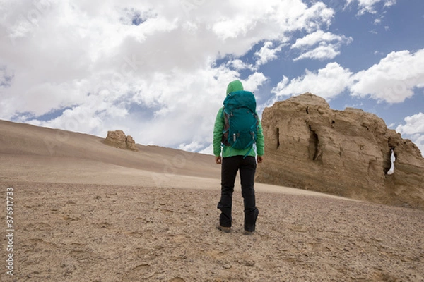 Fototapeta Hiking on sand desert looking at the view