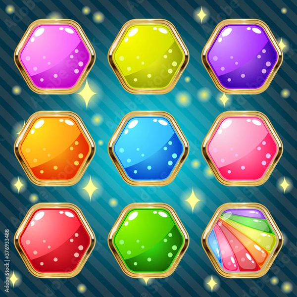 Obraz Hexagon jelly in border gold for match 3 puzzle game. Vector illustration.