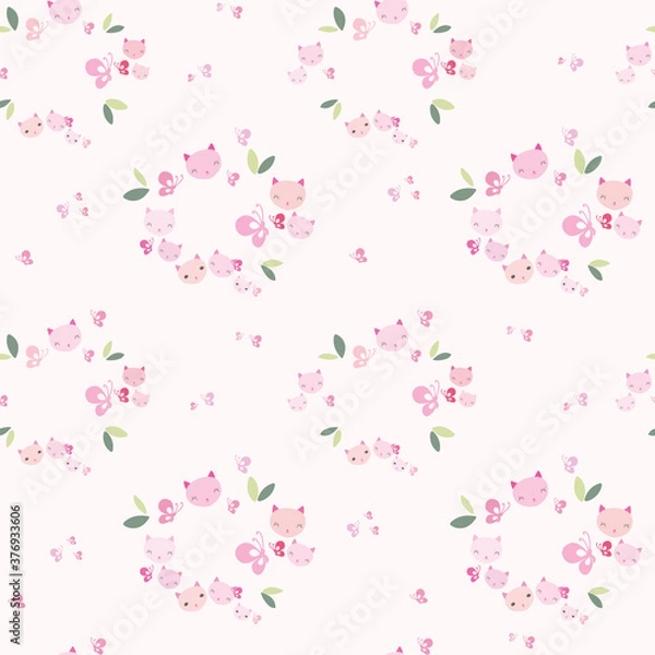 Fototapeta Cute cat wreath seamless pattern with butterflies and leaves on pink background.