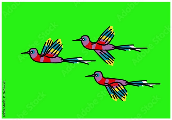Obraz bunch of exotic birds on green background. Vector drawing for illustrations.
