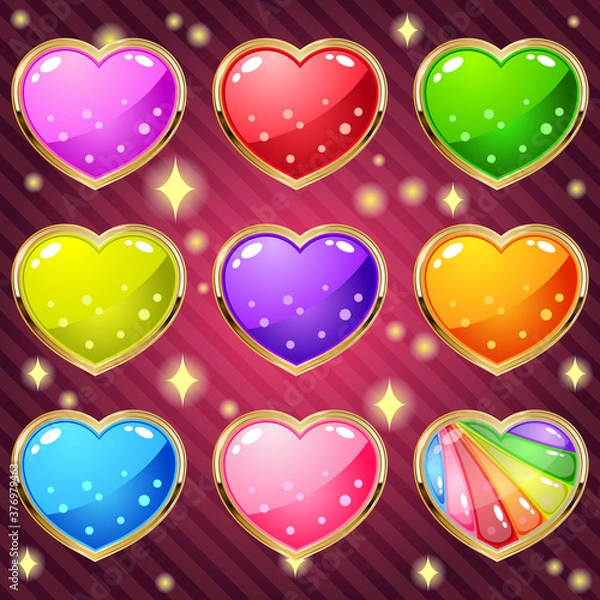 Obraz Jelly of hearts in border gold for match 3 puzzle game. Vector illustration.