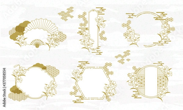 Obraz 和柄と百合の花のベクターフレームイラスト素材セット