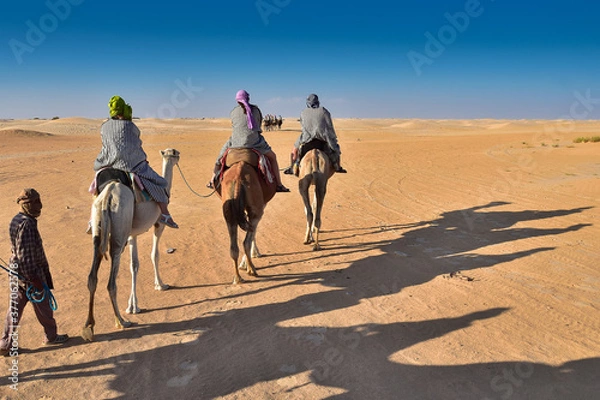 Fototapeta ludzie w berberyjskich szatach narodowych na wielbłądach z przewodnikiem