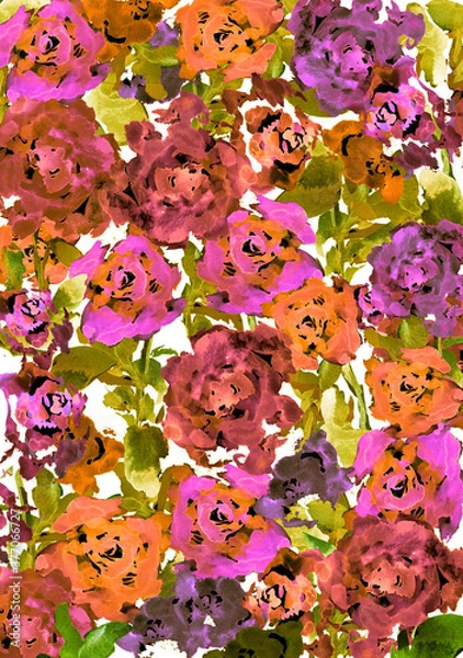 Fototapeta Hand drawn floral vertical rectangular template with color watercolor roses flowers 