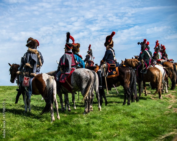 Fototapeta horsemen of the reconstruction of the war of 1812 at the site of the Battle of Borodino