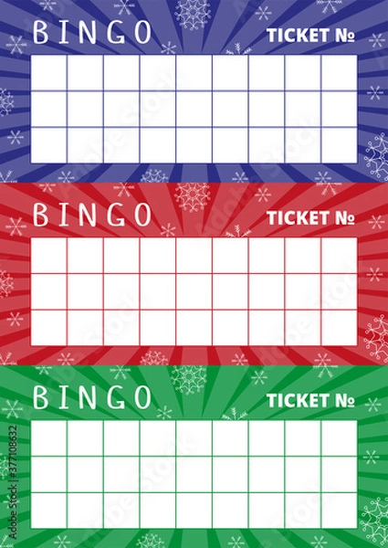 Obraz Christmas bingo cards with red, blue, green glowing backgrounds and snowflakes. Fun British lottery tickets with place for numbers. Ready for print, suitable for A4 format. Vector illustration
