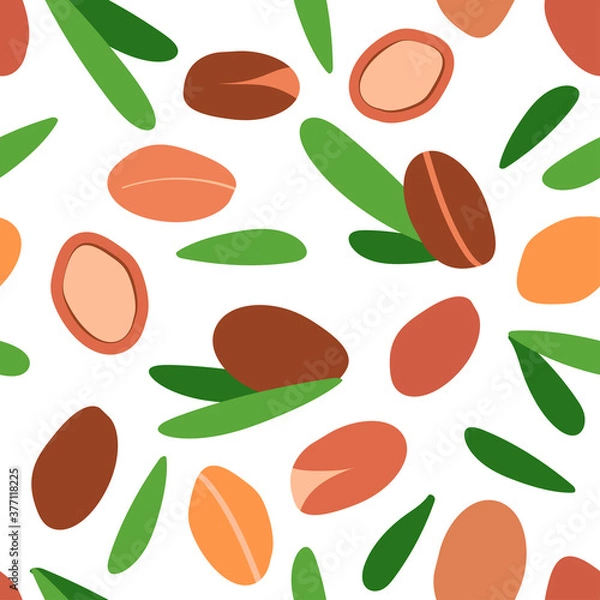 Obraz seamless pattern with argan oil. argan berries with leaves. modern abstract design for background, packaging paper, cover, fabric, card, cosmetics and oil