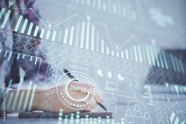 Obraz Technology theme hologram over woman's hands taking notes background. Concept of Tech. Double exposure