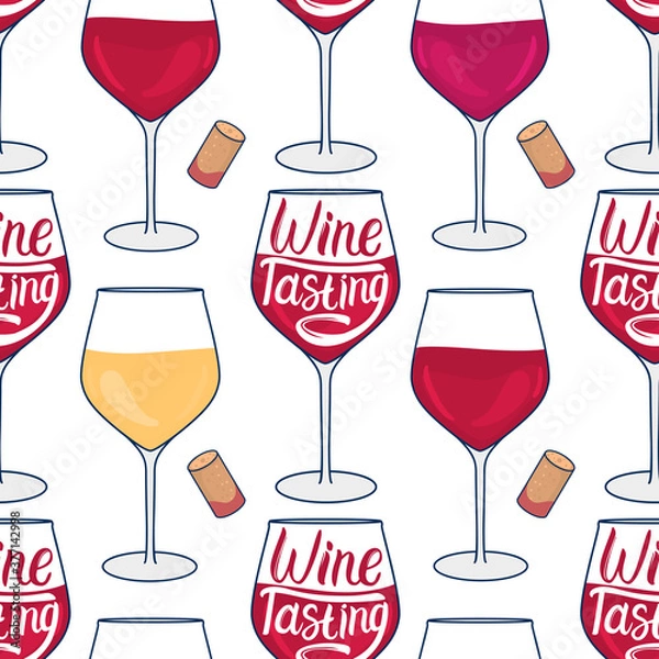 Fototapeta Wineglass seamless pattern. Wine Tasting lettering inscription. Vector hand drawn illustration isolated on white background. Red and white drink